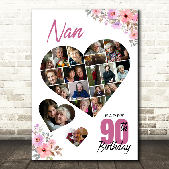Photo Collage 90th Birthday Custom Gift For Nan 19-Photo Floral Print Or Canvas