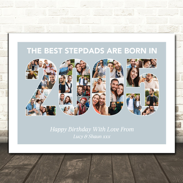 Photo Collage Blue Birthday Gift For Stepdad 33-Photo Year 2005 Print Or Canvas