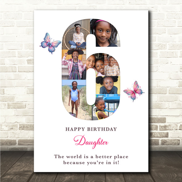 Photo Collage 8-Photo 6th Girls Birthday Custom Gift Butterfly Print Or Canvas