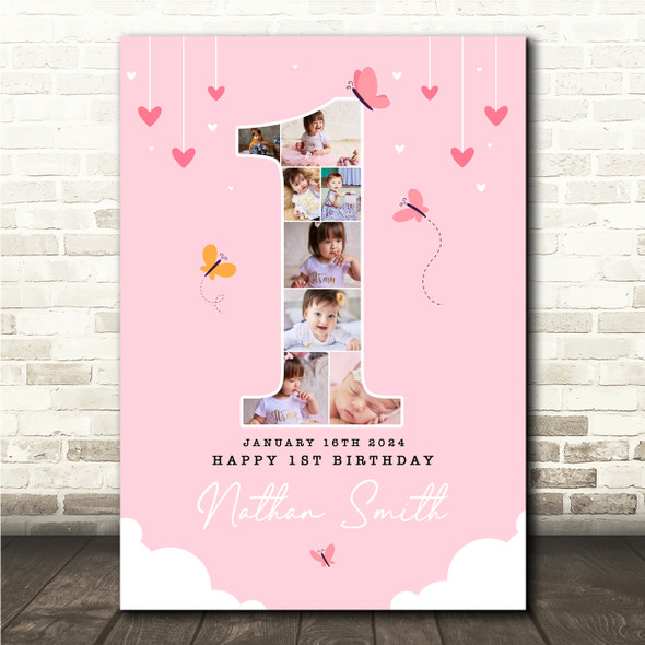 Photo Collage 8-Photo Pink Butterflies 1st Birthday Gift For Girls Kids Print