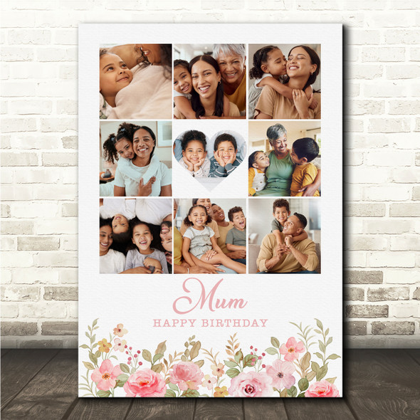 Photo Collage Print Or Canvas Birthday Gift For Anyone 9-Photo Pink Floral