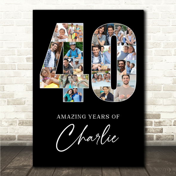 Photo Collage 40th Birthday 19-Photo Birthday Gift For Him 40 Black Print Canvas