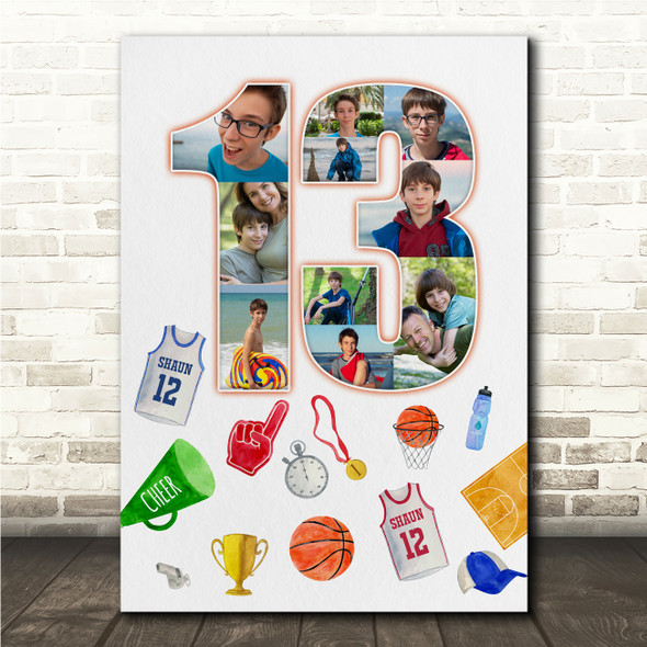 Photo Collage 10-Photo 13th Birthday Gift For Teen Boys Basketball Print Canvas