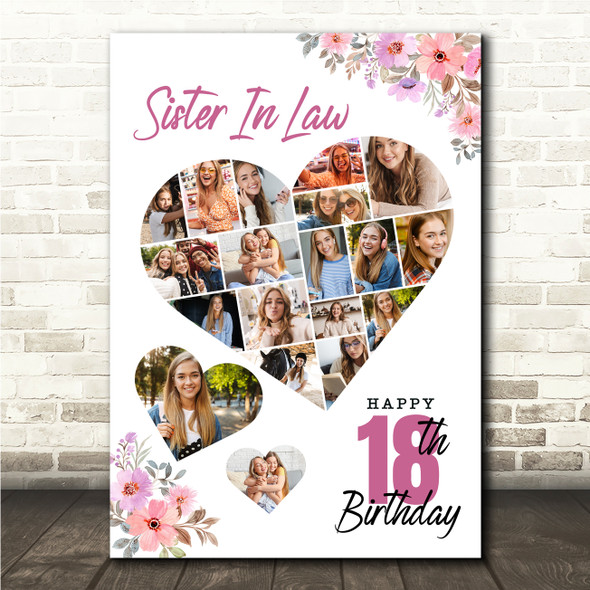 Photo Collage 18th Birthday Gift For Sister-In-Law 19-Photo Floral Print Canvas