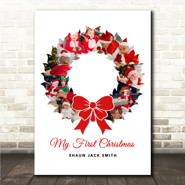 Photo Collage First Christmas Gift For Baby 9-Photo Wreath Red Bow Print Canvas