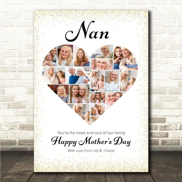 Photo Collage Gift For Nan Mother's Day 17-Photo Heart Gold Dots Print Or Canvas