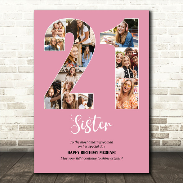 Photo Collage 21st Birthday Gift For Her 13-Photo Number 21 Pink Print Or Canvas