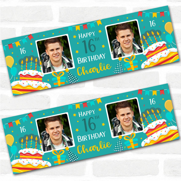 Personalised Party Banner For 16th Birthday With Photo Male Turquoise Cake