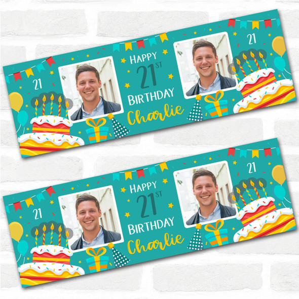Personalised Party Banner For 21st Birthday With Photo Male Turquoise Cake