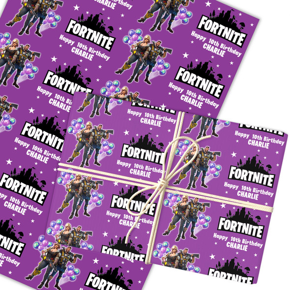 Personalised Wrapping Paper Kids Birthday Fortnite Purple Custom Gift Wrap