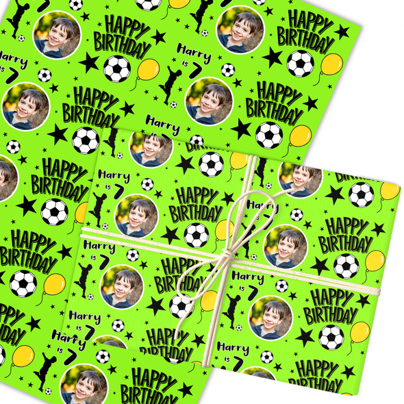 Personalised Wrapping Paper Birthday Green Football Photo Boys Custom Gift Wrap