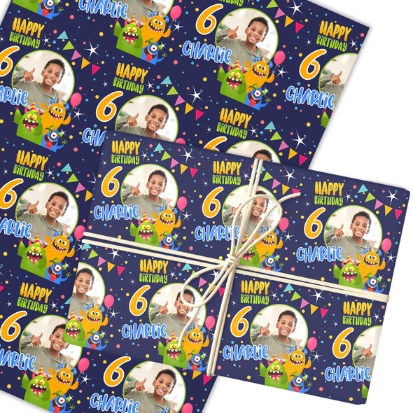 Personalised Wrapping Paper Kids Birthday Navy Monsters Photo Custom Gift-Wrap