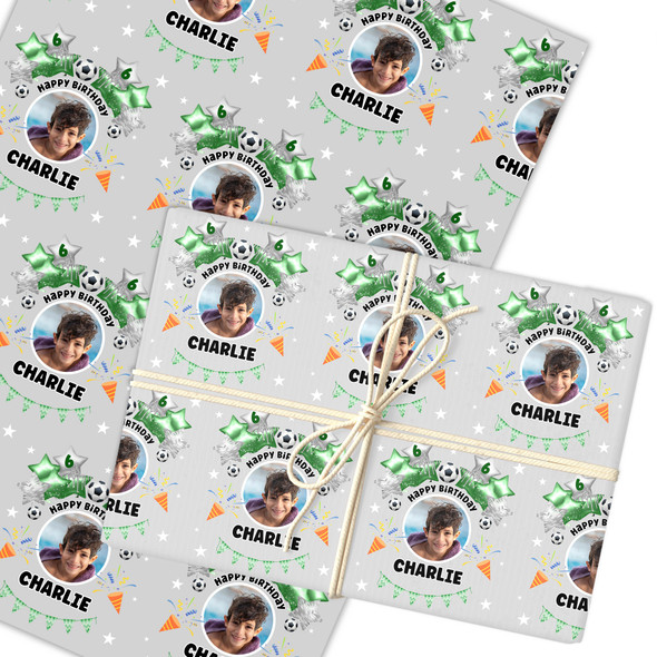 Personalised Wrapping Paper Kids Birthday Photo Grey Football Custom Gift Wrap