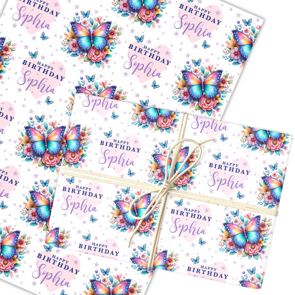 Personalised Wrapping Paper Kids Birthday Pink & Butterflies Custom Gift Wrap