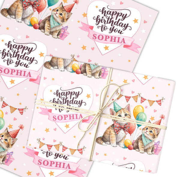 Personalised Wrapping Paper Kids Birthday Pink Party Cats Girls Custom Gift Wrap