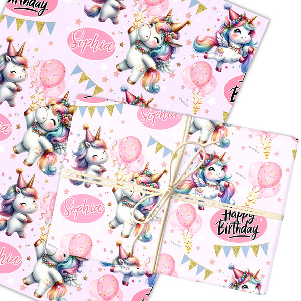 Personalised Wrapping Paper Kids Birthday Unicorns Pink Girls Custom Gift Wrap