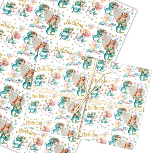 Personalised Wrapping Paper Kids Birthday Mermaid Photo Custom Gift Wrap