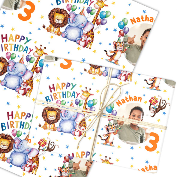 Personalised Wrapping Paper Kids Birthday Safari Animals Photo Custom Gift-Wrap