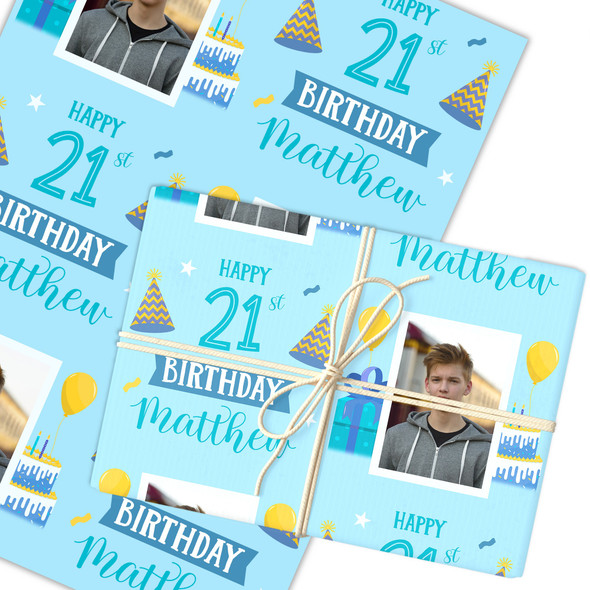 Personalised Wrapping Paper 21st Birthday Photo Blue For Him Custom Gift Wrap