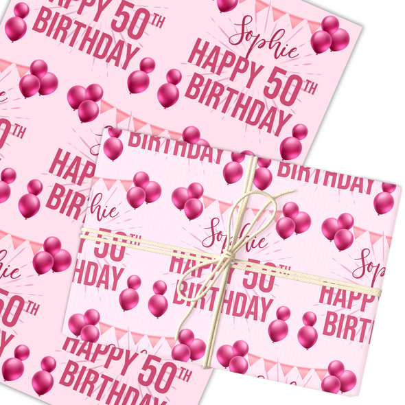 Personalised Wrapping Paper 50th Birthday Pink For Her Custom Gift Wrap