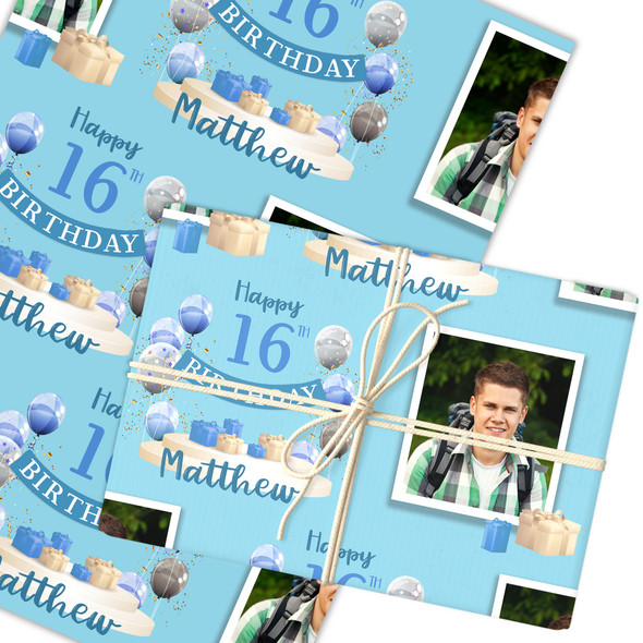 Personalised Wrapping Paper 16th Birthday Blue Photo Boys Custom Gift Wrap