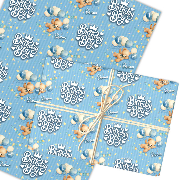 Personalised Wrapping Paper Kids Birthday Blue Boys Teddy Bear Custom Gift Wrap