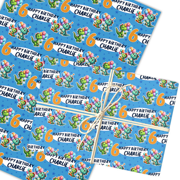 Personalised Wrapping Paper Kids Birthday Blue Dinosaurs Boys Custom Gift Wrap