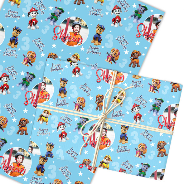 Personalised Wrapping Paper Kids Birthday Blue Paw Patrol Photo Custom Gift Wrap