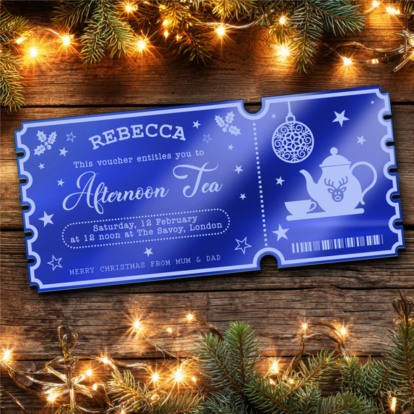 Blue Mirror Acrylic Ticket Afternoon Tea Christmas Bauble Personalised Any Text Blue Mirror Acrylic Ticket Afternoon Tea Christmas Bauble Personalised Any Text