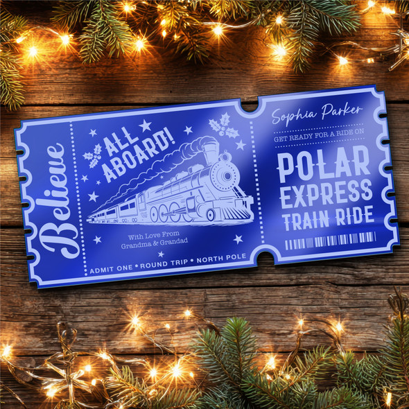 Blue Mirror Acrylic Ticket Christmas Train Polar Express Personalised Any Text Blue Mirror Acrylic Ticket Christmas Train Polar Express Personalised Any Text