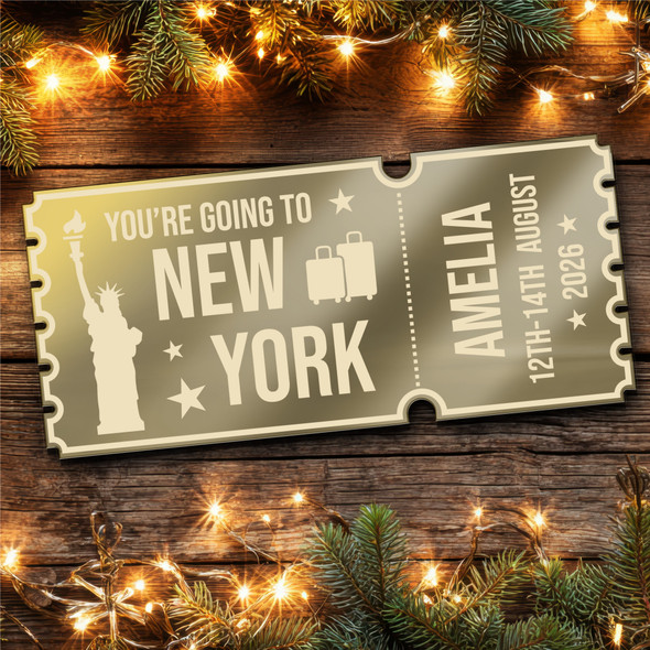 Bronze Mirror Acrylic Ticket New York Trip Holiday Surprise Getaway Personalised