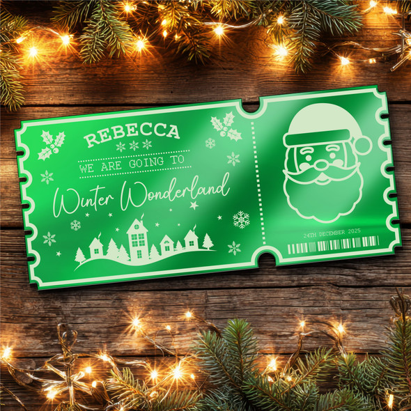 Green Mirror Acrylic Ticket Winter Wonderland Christmas Day Out Personalised