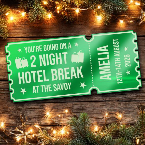 Green Mirror Acrylic Ticket Hotel Break Surprise Weekend Getaway Personalised