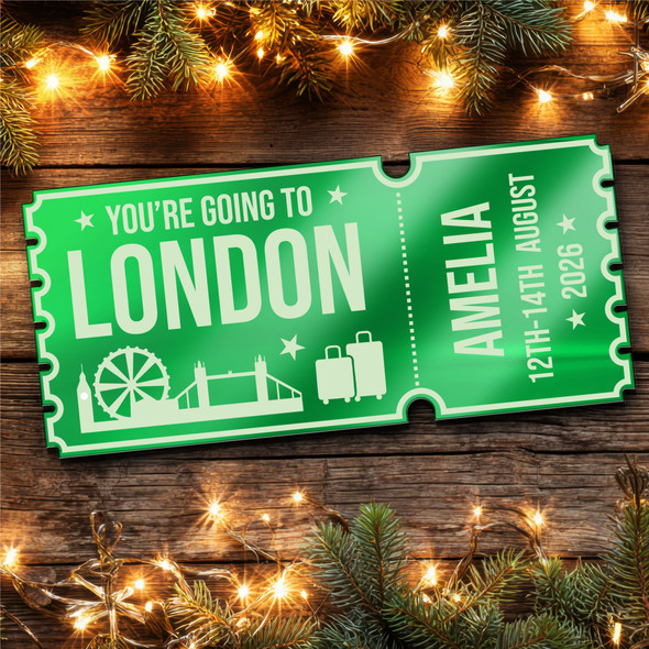 Green Mirror Acrylic Ticket London Day Out Trip Personalised Any Text Voucher