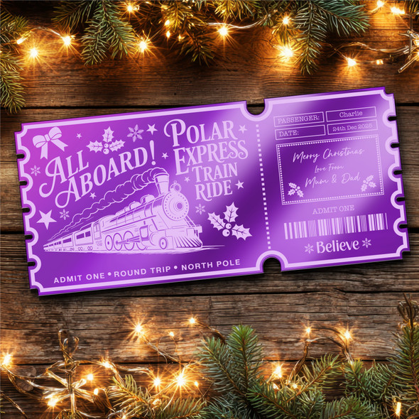 Purple Mirror Acrylic Ticket Polar Express Train Christmas Personalised Any Text Purple Mirror Acrylic Ticket Polar Express Train Christmas Personalised Any Text