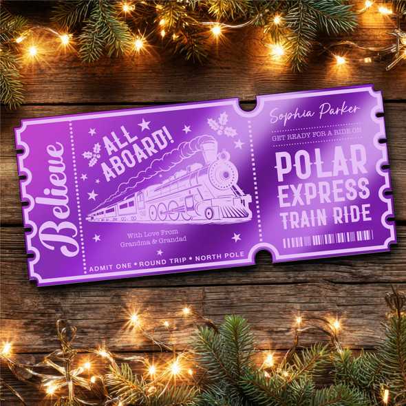 Purple Mirror Acrylic Ticket Christmas Train Polar Express Personalised Any Text Purple Mirror Acrylic Ticket Christmas Train Polar Express Personalised Any Text