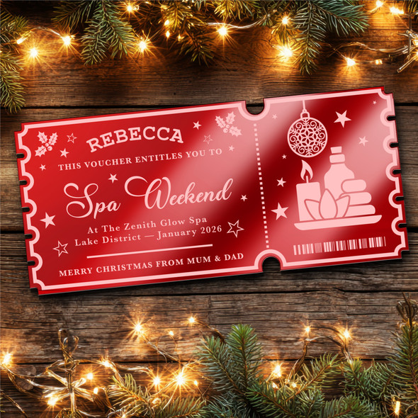 Red Mirror Acrylic Ticket Spa Weekend Christmas Personalised Any Text Voucher