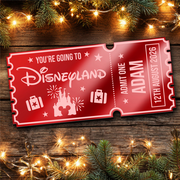 Red Mirror Acrylic Ticket Surprise Disneyland Trip Personalised Any Text Voucher