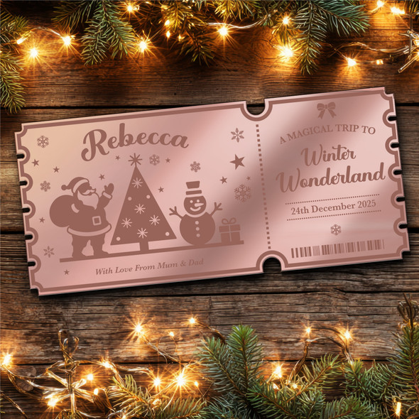 Rose Gold Mirror Acrylic Ticket Winter Wonderland Christmas Trip Personalised