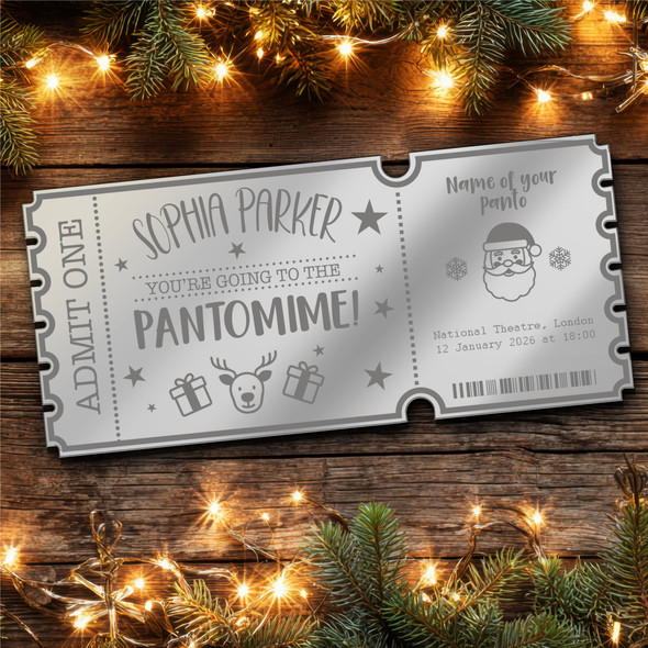 Silver Mirror Acrylic Ticket Any Pantomime Santa Christmas Personalised Any Text Silver Mirror Acrylic Ticket Any Pantomime Santa Christmas Personalised Any Text