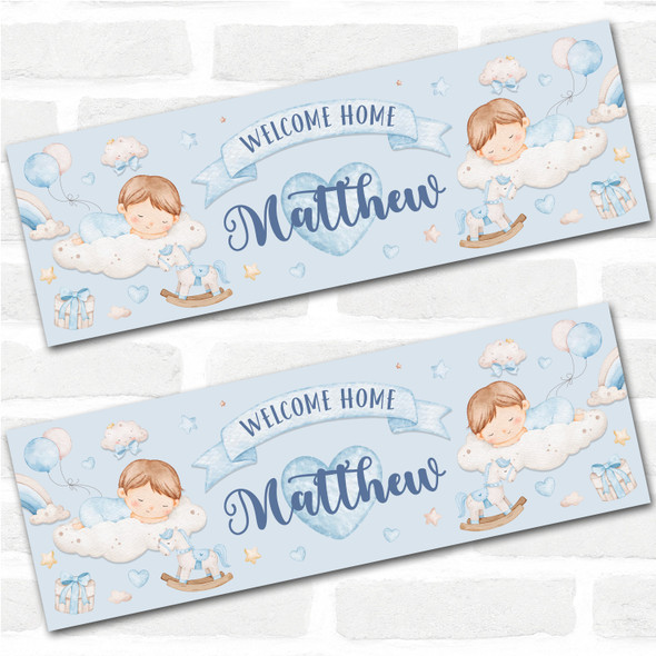 Personalised Party Banner For New Baby Boy Welcome Home Sleeping Baby Blue