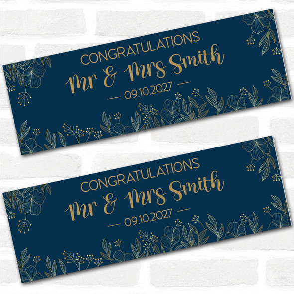 Personalised Party Banner For Wedding Day Gold Blue Line Flowers