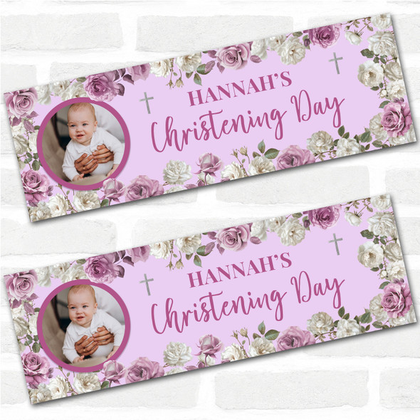Personalised Party Banner For Christening Girl Photo Pink Flowers Cross