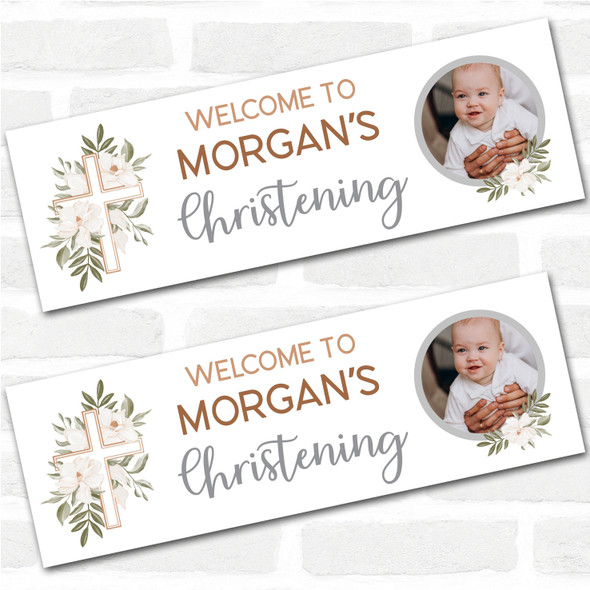 Personalised Party Banner For Christening Photo Welcome Cross Green Foliage