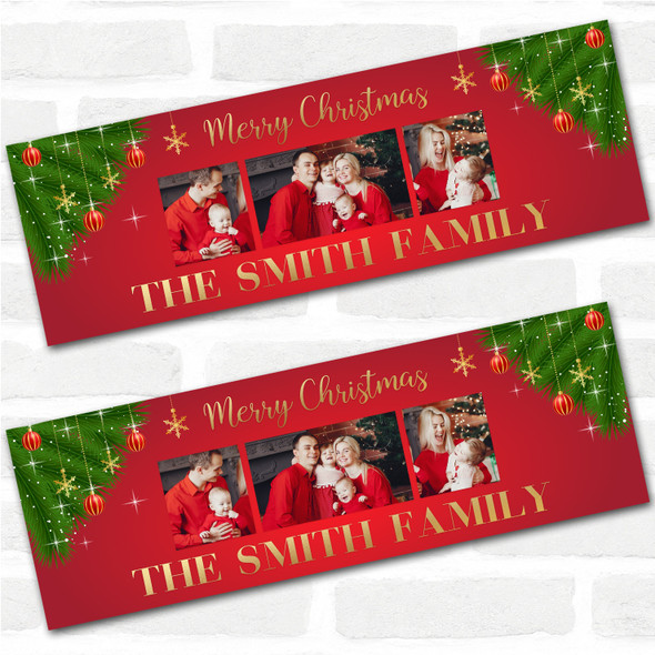 Personalised Party Banner For Christmas Family Photo Red Gold Baubles