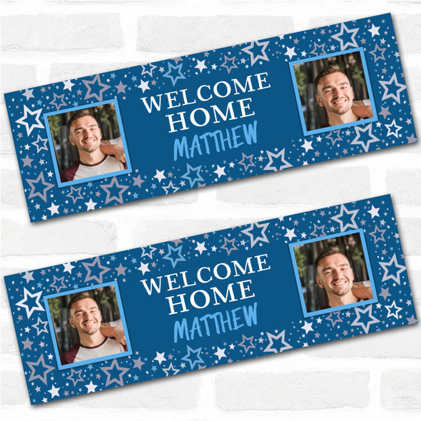 Personalised Party Banner For Welcome Home Travelling Male Photo Blue Stars