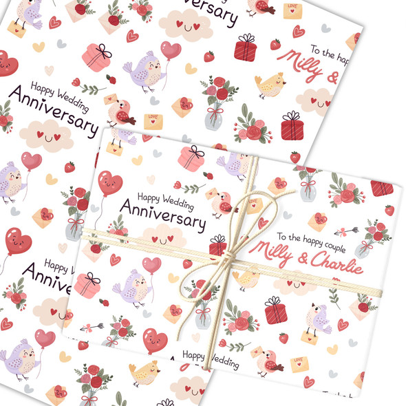 Personalised Wrapping Paper Wedding Anniversary Birds Custom Gift Wrap