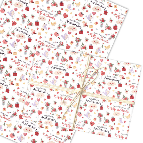 Personalised Wrapping Paper Wedding Anniversary Cute Birds Custom Gift Wrap