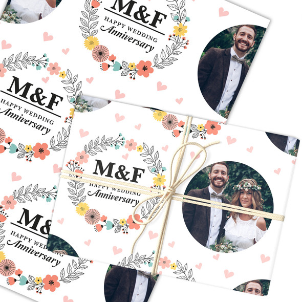Personalised Wrapping Paper Wedding Anniversary Name Initial Floral Photo