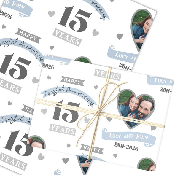 Personalised Wrapping Paper 15th Wedding Anniversary 15 Year Photo Crystal Heart